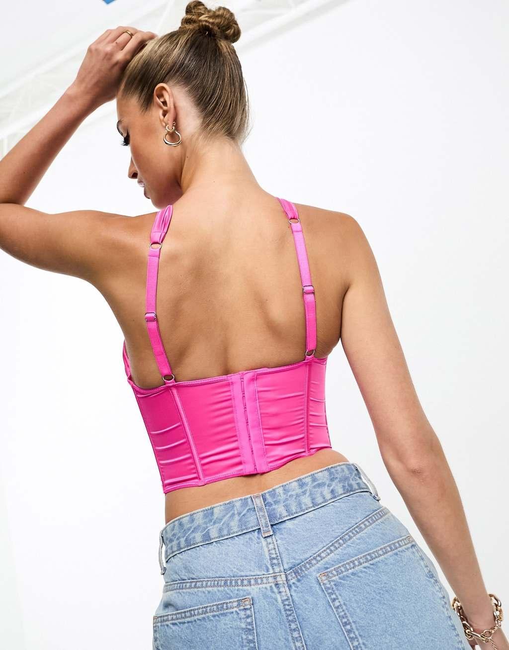 ASOS DESIGN Lucinda satin wrap front exposed wire corset in hot pink Product Image