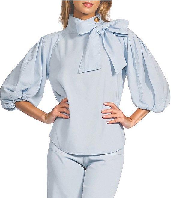 A Loves A Tinted Denim Mock Bow Tie Neck 3/4#double; Puffed Balloon Sleeve Pleated Button Shoulder Tulip Hem Top Product Image