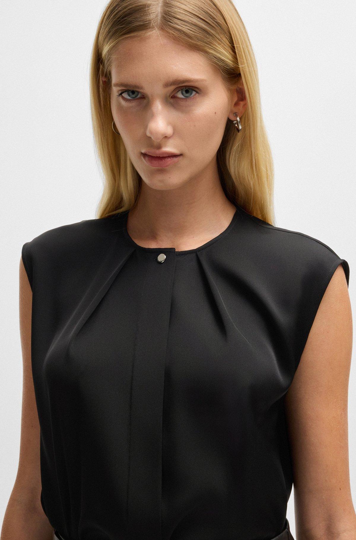 BOSS - Fitted sleeveless blouse in stretch silk with concealed placket - Black Product Image