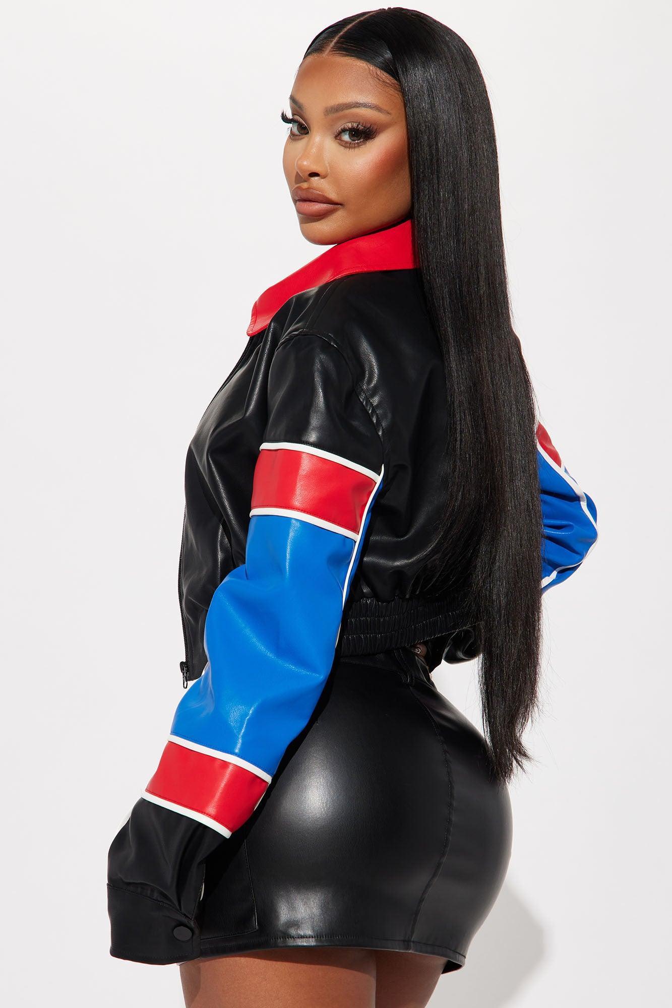 Race Day Fitted Faux Leather Jacket - Blue/combo Female Product Image