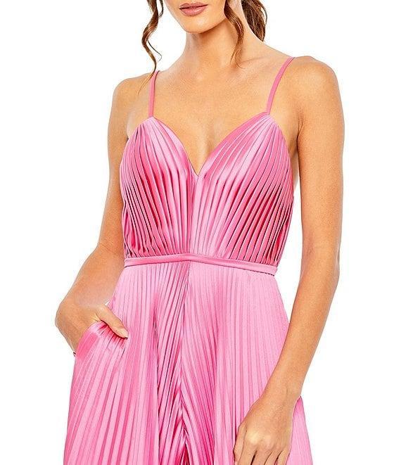 Mac Duggal Pleated Deep V-Neck Spaghetti Strap Sleeveless Wide Leg Jumpsuit Product Image