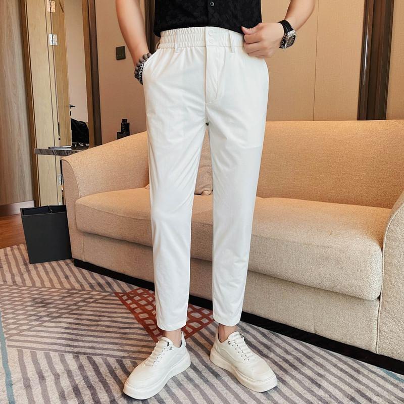 Elastic Waist Plain Cropped Straight Leg Pants Product Image