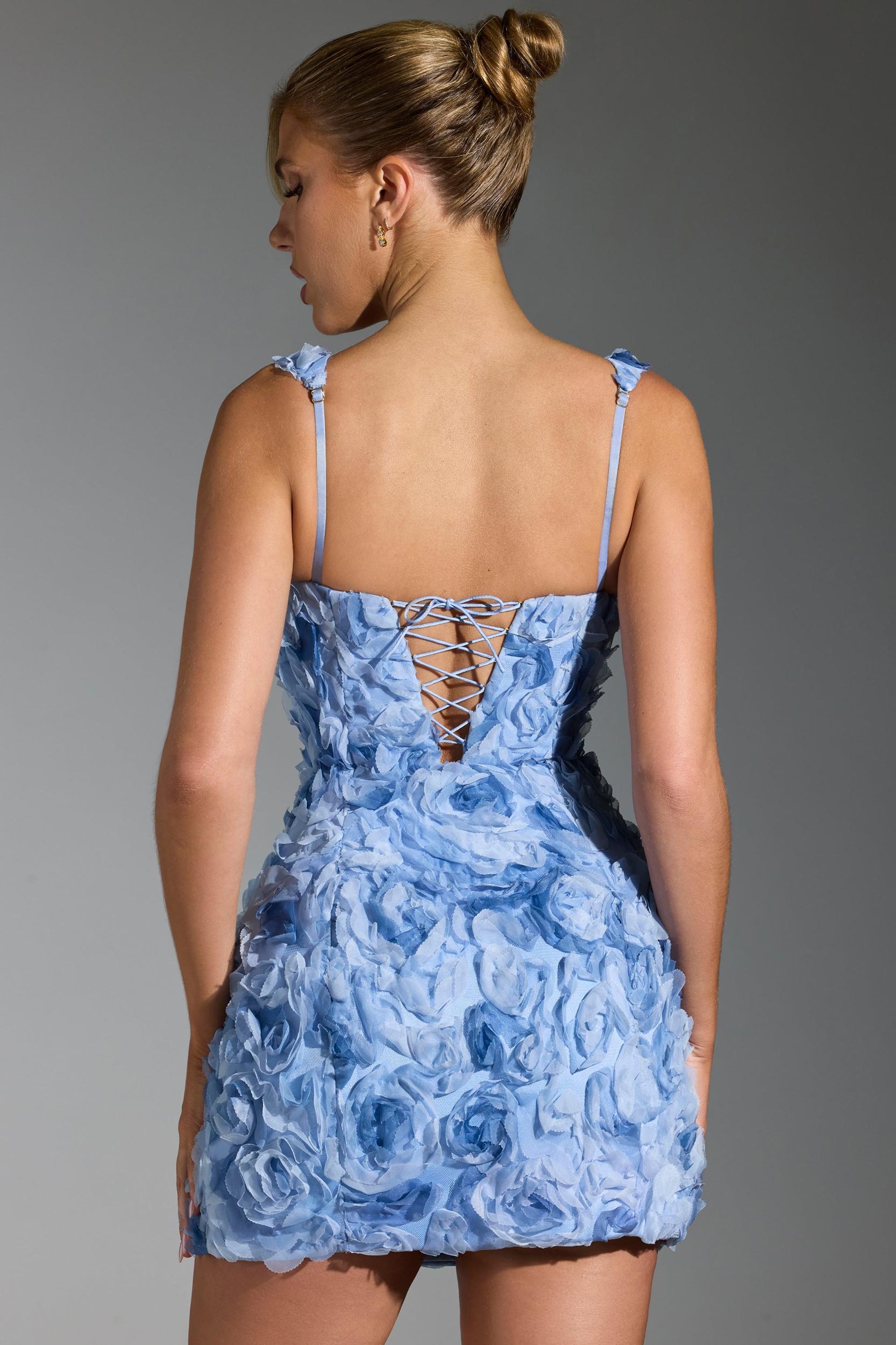 Floral-Appliqué Corset Mini Dress in Blue Product Image