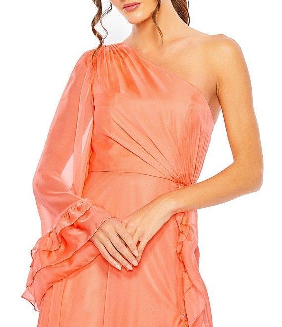 Mac Duggal Ruffled Asymmetrical Neck One Long Sleeve A-Line Gown Product Image