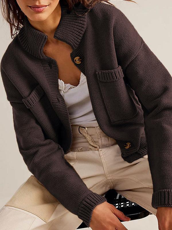 Long Sleeves Loose Buttoned Pockets Solid Color Split-Joint Stand Collar Cardigan Tops Product Image