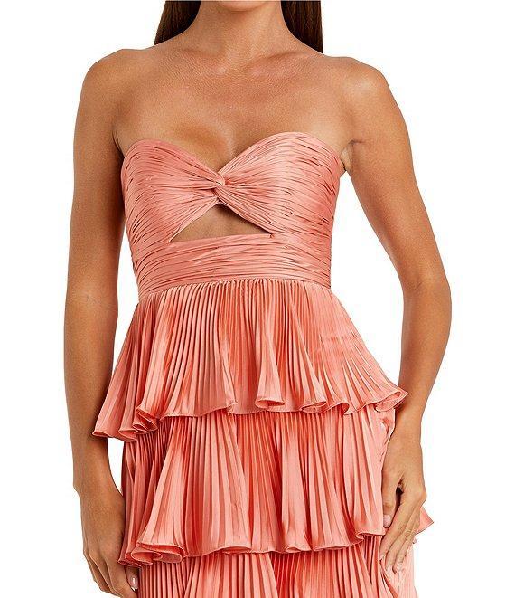 Mac Duggal Pleated Strapless Cut Out Tiered Ruffle Charmeuse Satin Column Gown Product Image