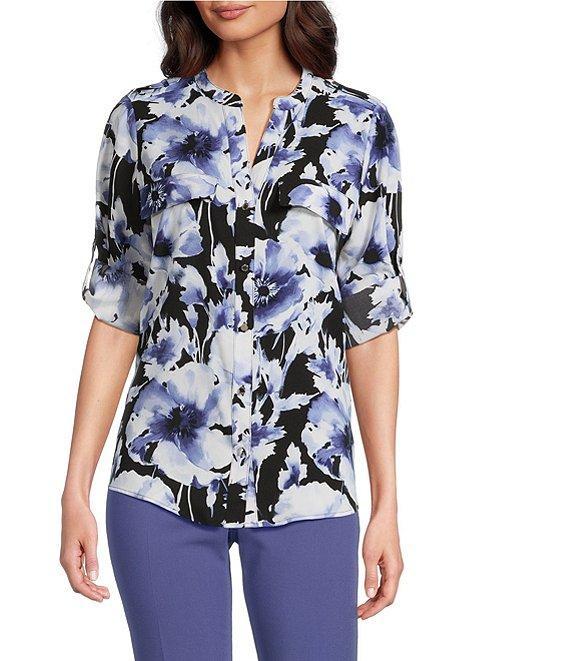 Calvin Klein Printed Crepe De Chine Split V-Neck Roll-Tab Sleeves Button Front Blouse Product Image