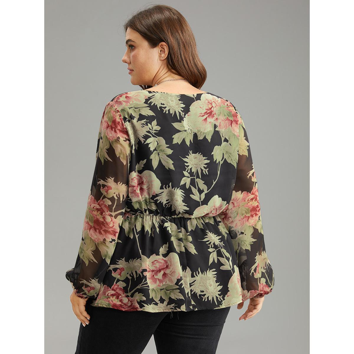 Plus Size Black Floral Flutter Hem Elastic Waist Blouse Women Elegant Long Sleeve V-neck Everyday Blouses BloomChic 28/5X Product Image