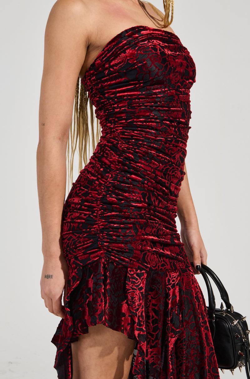 BELLA RUCHED RED VELVET BURNOUT MIDI DRESS Product Image