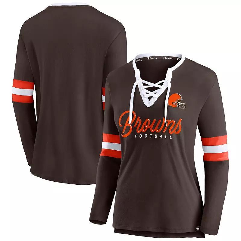 Women's Fanatics Brown Cleveland Browns Block Party Team Script Lace-Up Long Sleeve T-Shirt, Size: XL Product Image