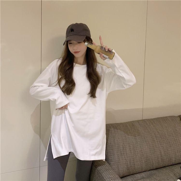 Long Sleeve Crew Neck Drop Shoulder Plain Oversized Tee Product Image