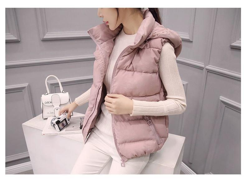 Stand Collar Plain Hooded Padded Zip Vest Product Image