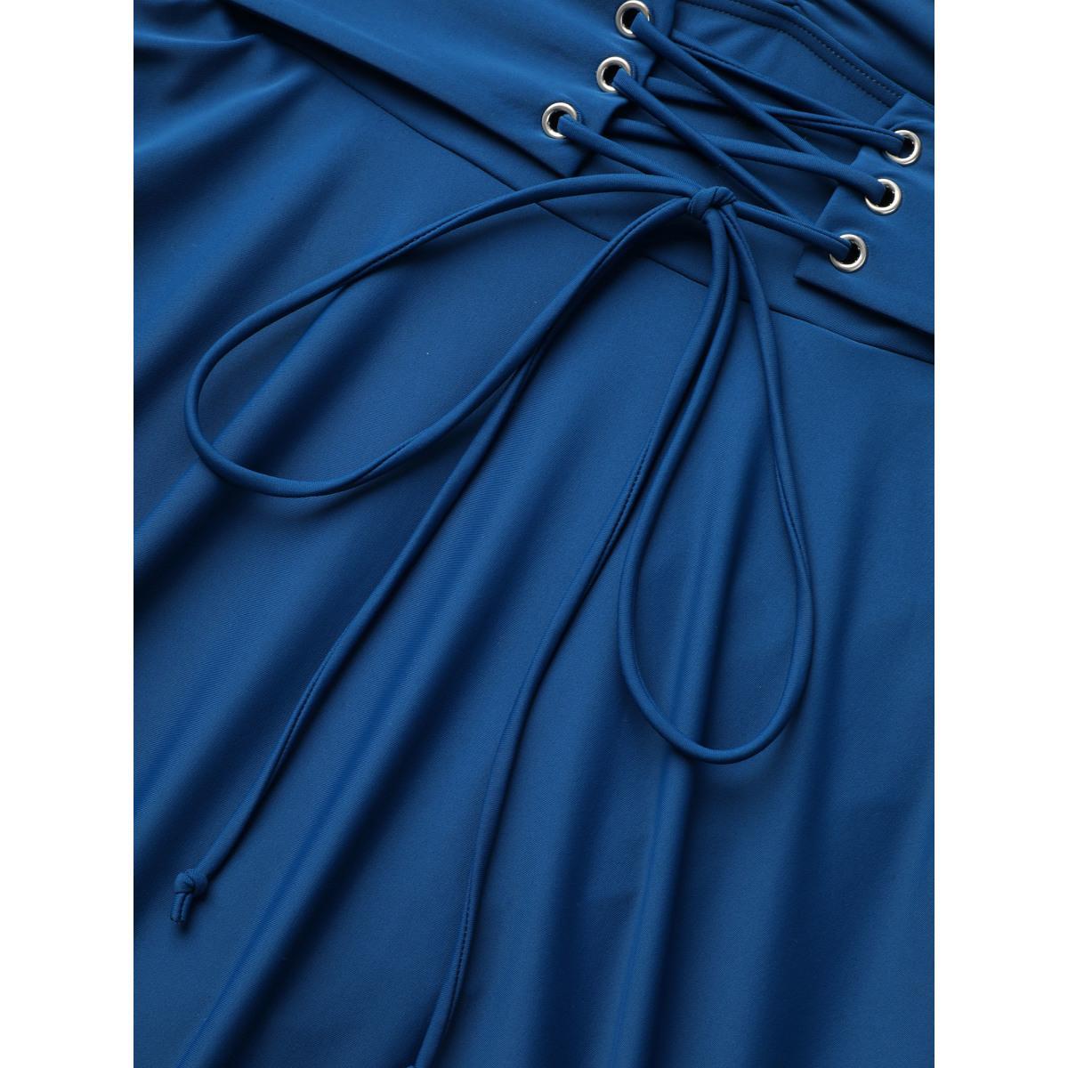 Plus Size Waist-Tie Ruched Flared Swim Dress Women's Swimwear Aegean Beach Bodycon Heart neckline High stretch Curve Swim Dresses BloomChic 28/5X Product Image