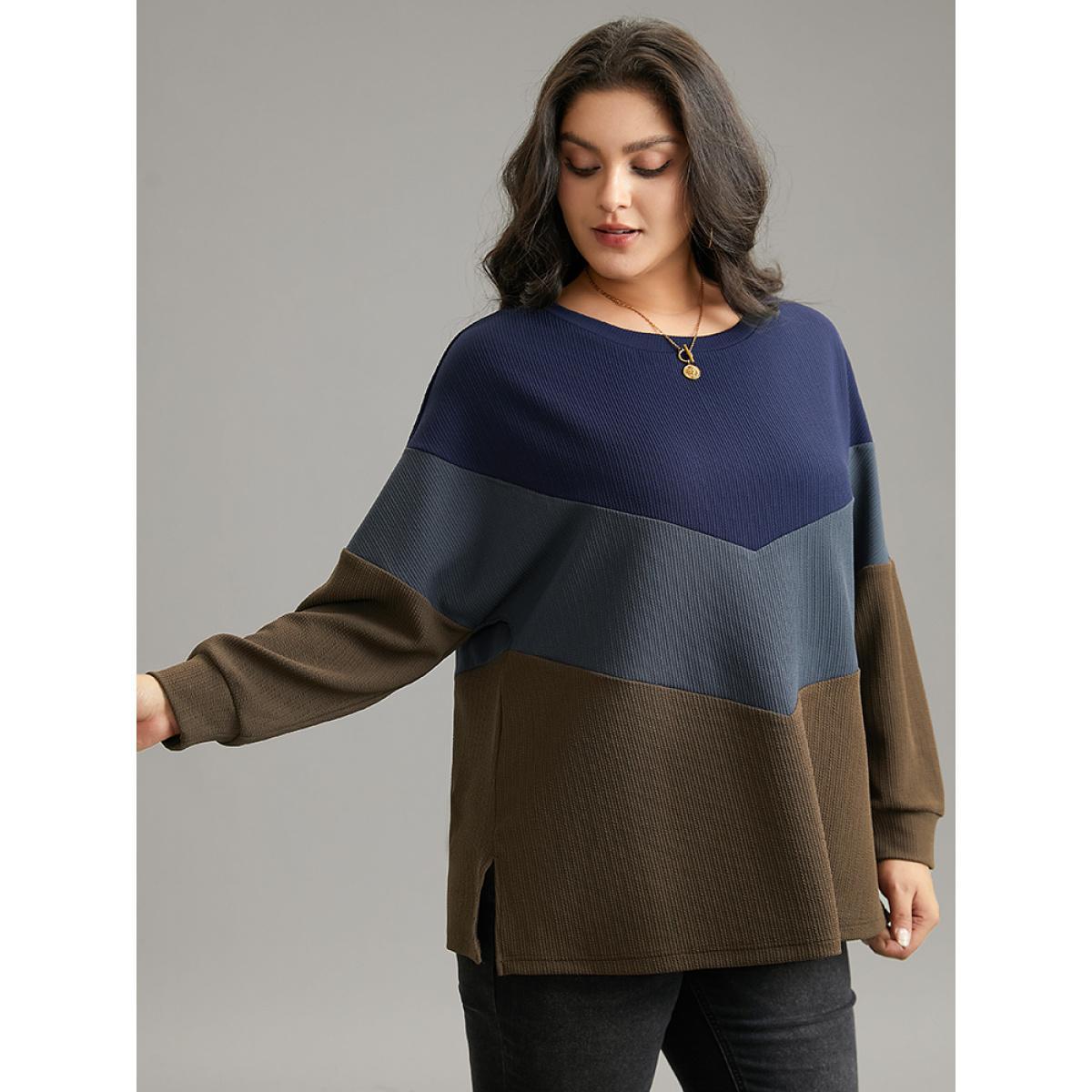 Plus Size Colorblock Rib Knit Drop Shoulder Sweatshirt Women Multicolor Casual Contrast Round Neck Dailywear Sweatshirts BloomChic 12/L Product Image