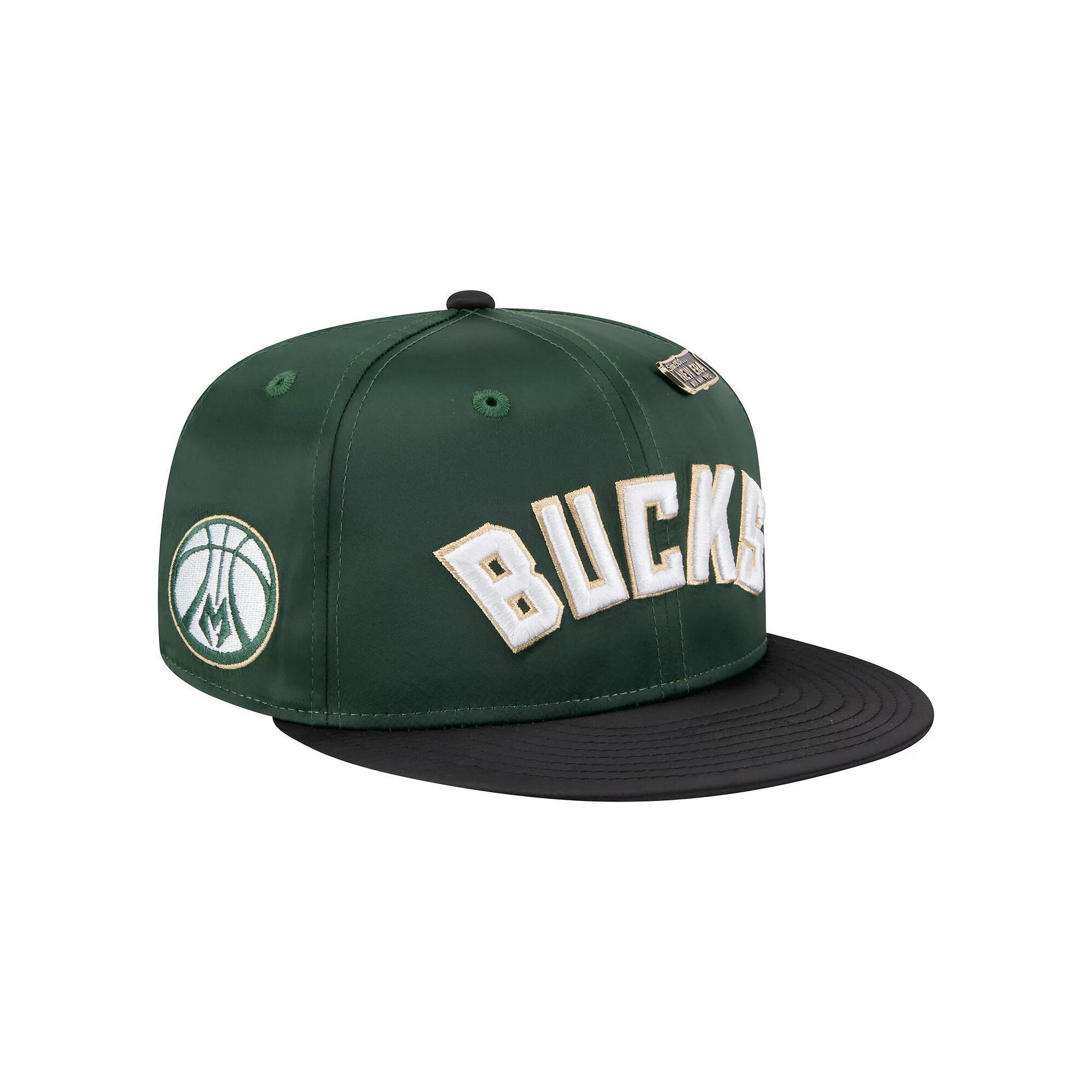 Men's New Era Hunter Green/Black Milwaukee Bucks Throwback Satin Vintage Pin Two-Tone 59FIFTY Fitted Hat,  Product Image