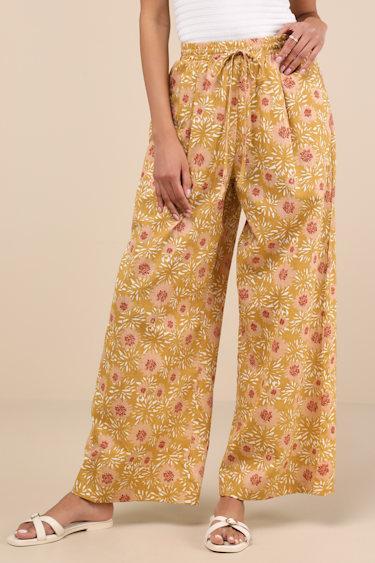 Dido Mustard Yellow Multi Floral Wide-Leg Pants Product Image