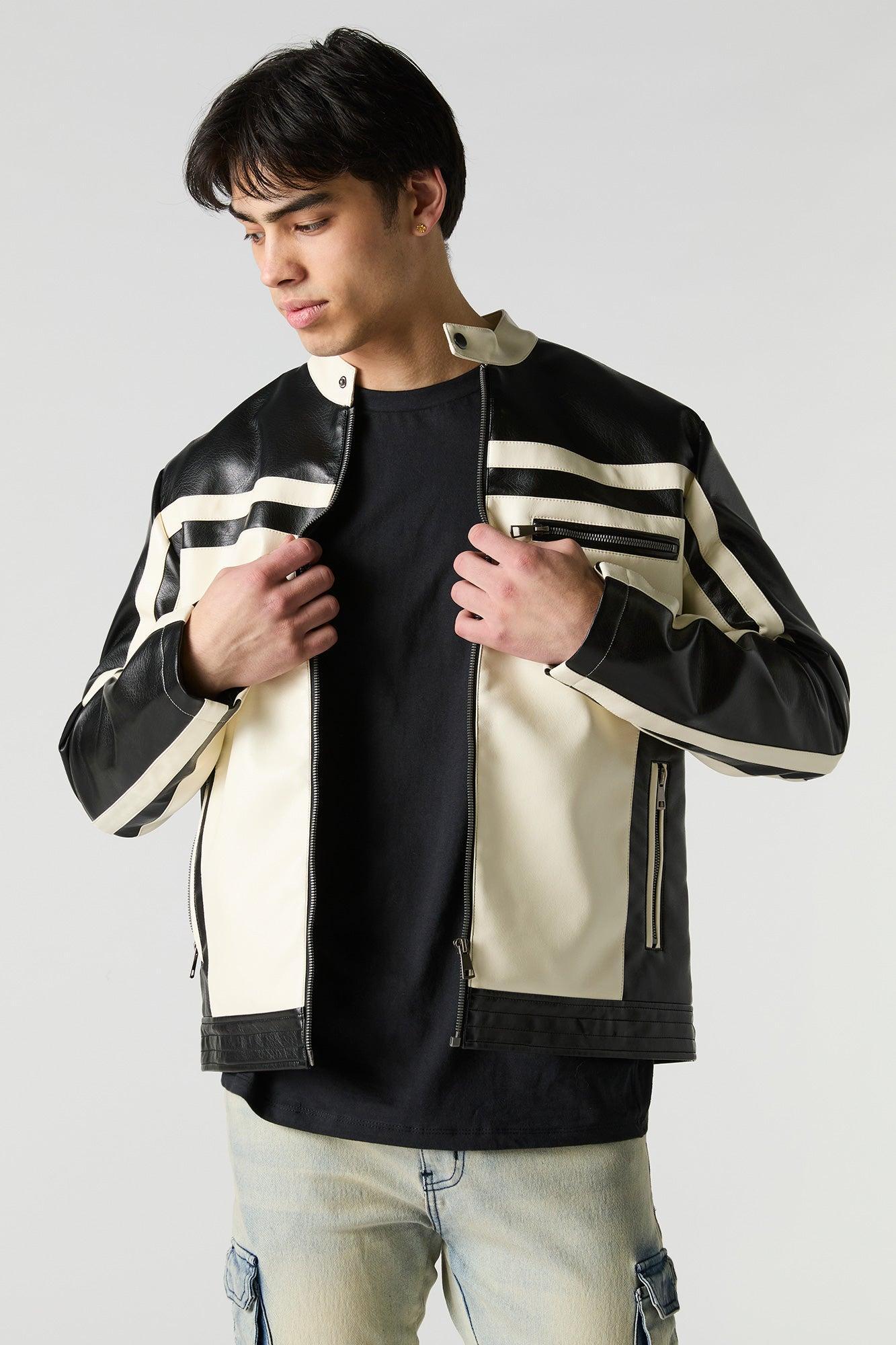 Faux Leather Colourblock Moto Jacket Male Product Image