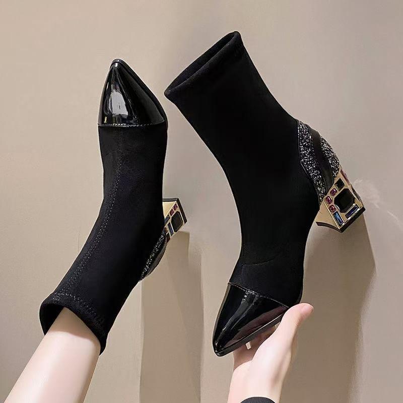 Chunky Heel Pointed Toe Sequin Panel Short Boots Product Image