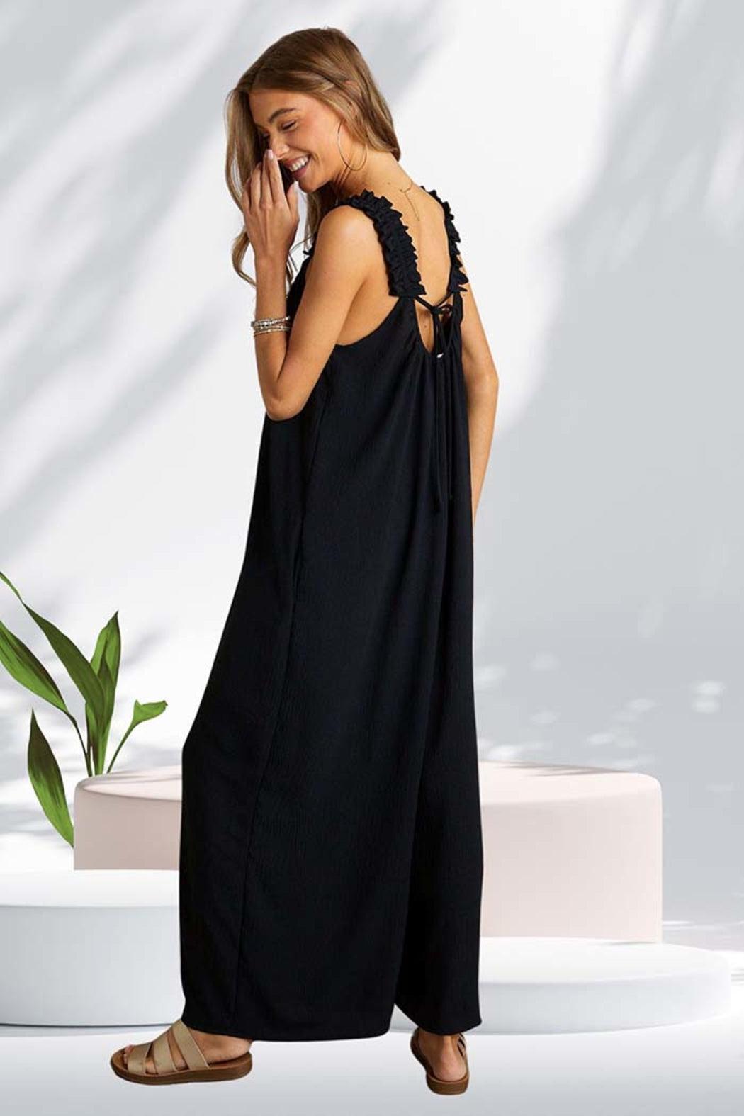 ELASTIC RUFFLE SHOULDER JUMPSUIT Product Image