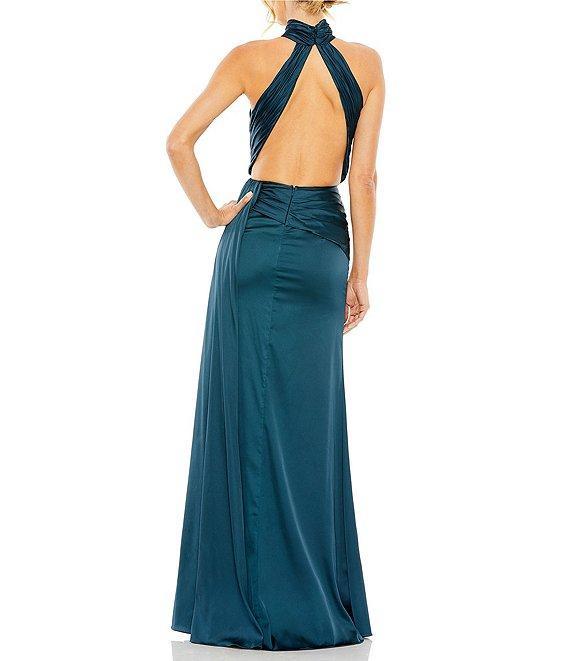 Mac Duggal Satin Halter Mock Neck Sleeveless Side Ruched Gown Product Image