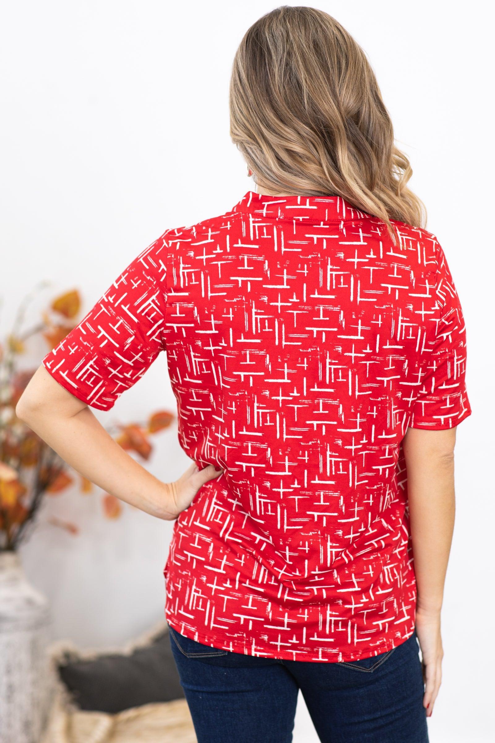 Red and White Abstract Print Notch Neck Top Product Image