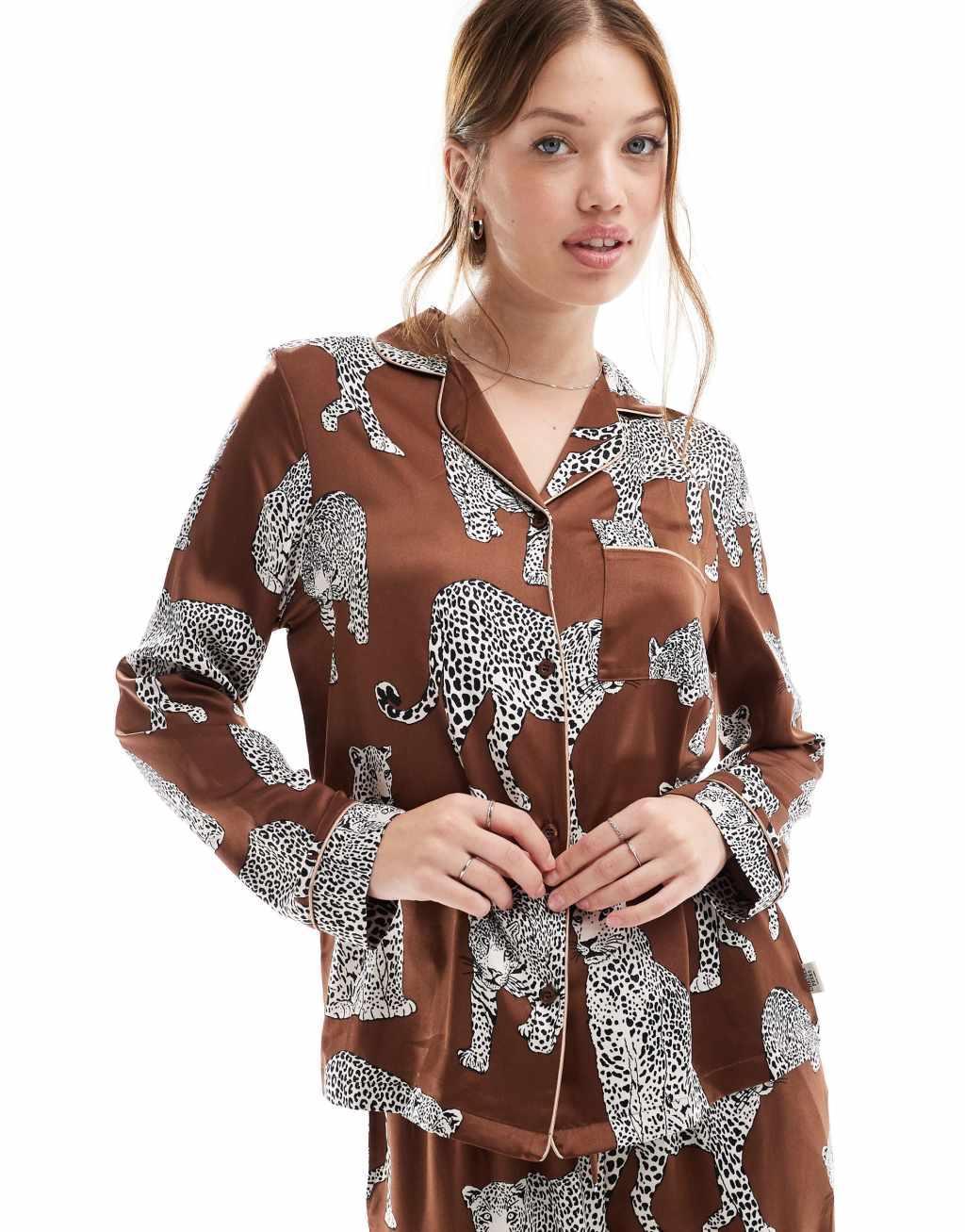 Chelsea Peers premium satin revere top and pants pajama set in brown lotus tiger print Product Image