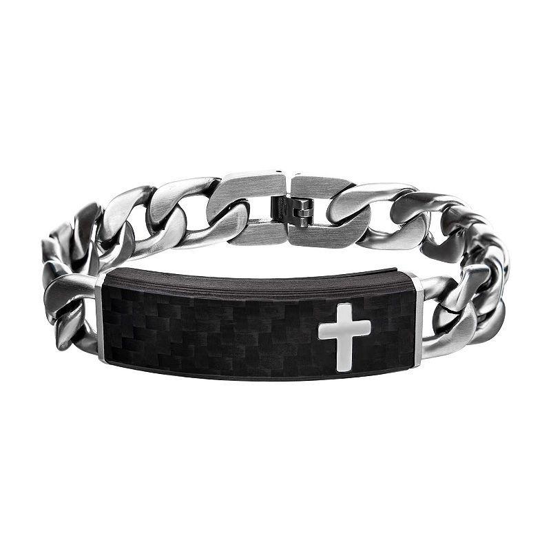 Mens Stainless Steel Black Carbon Fiber Cross Bracelet, Silver Tone Product Image