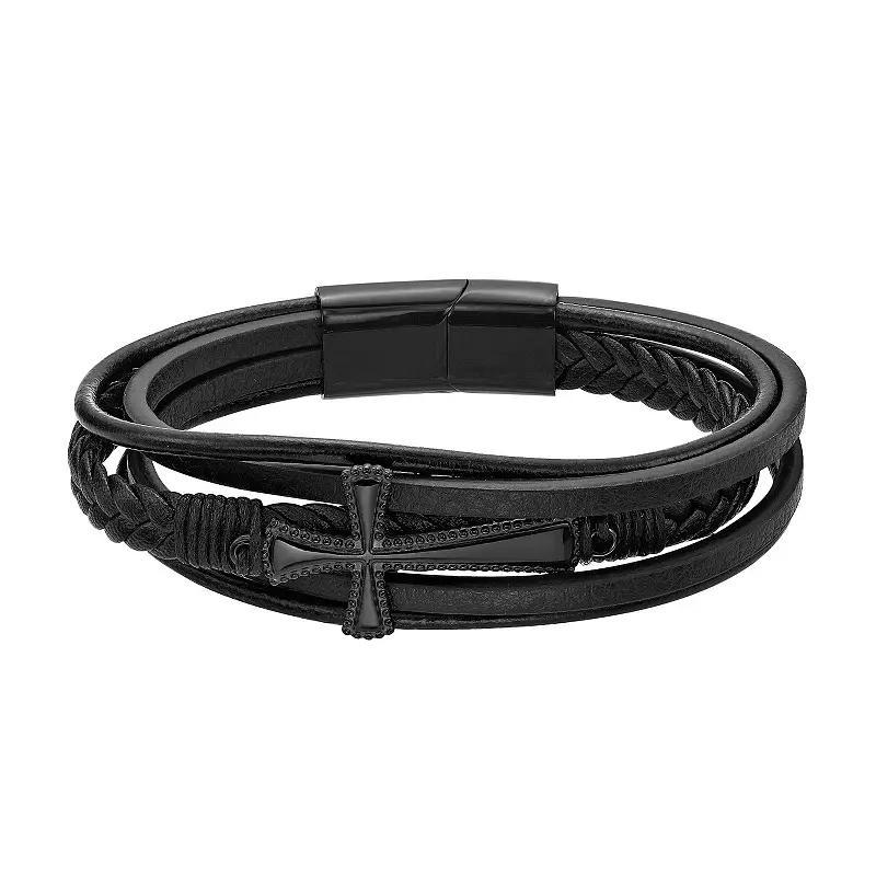 LYNX Men's Black Ion Plated Stainless Steel & Black Leather Cross Bracelet, Size: 8.50 Product Image