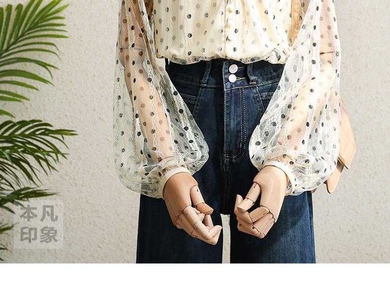 Balloon Sleeve Stand Collar Dotted Mesh Blouse Product Image