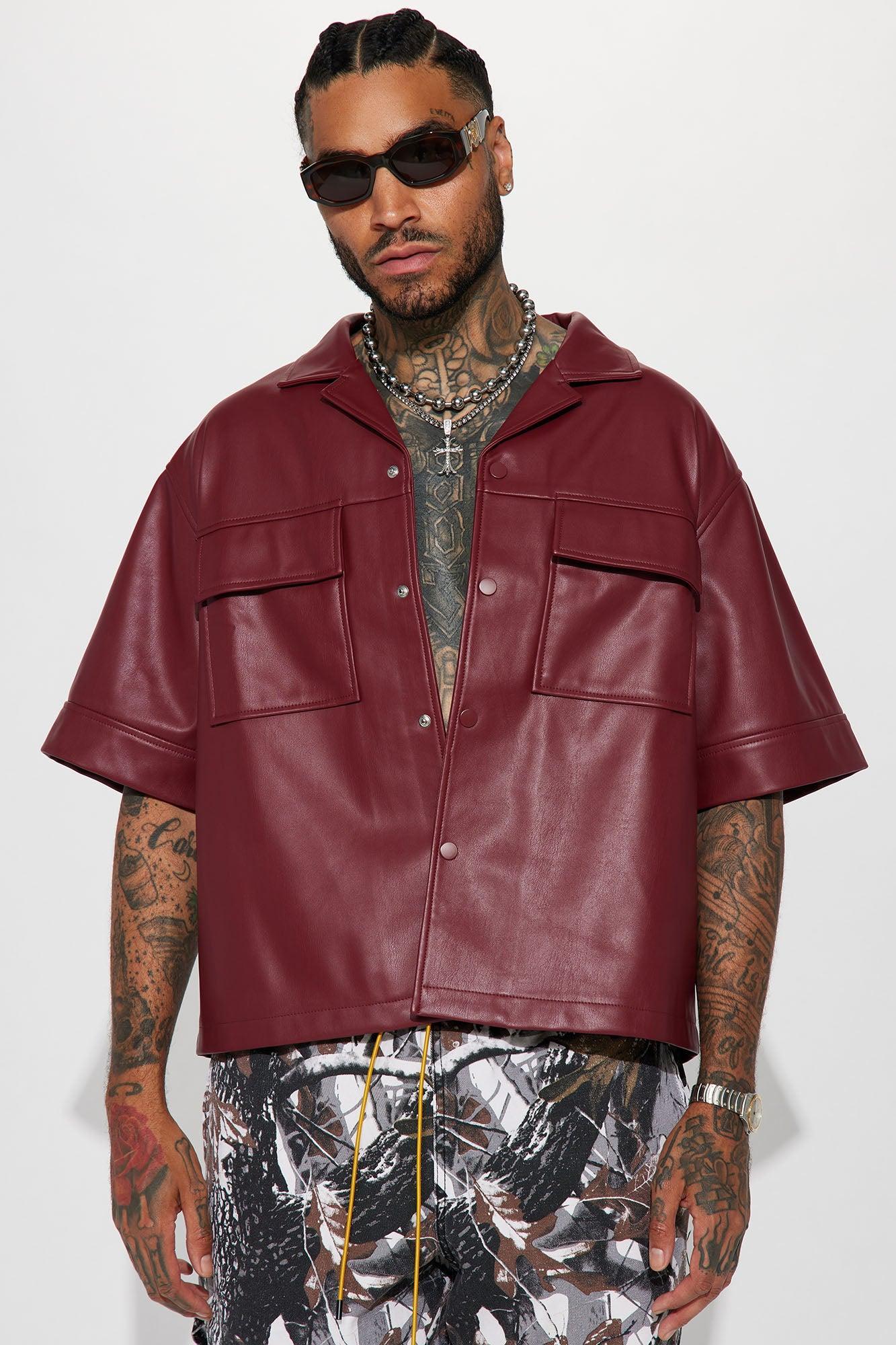 High Stepper Faux Leather Button Up Shirt - Burgundy Product Image