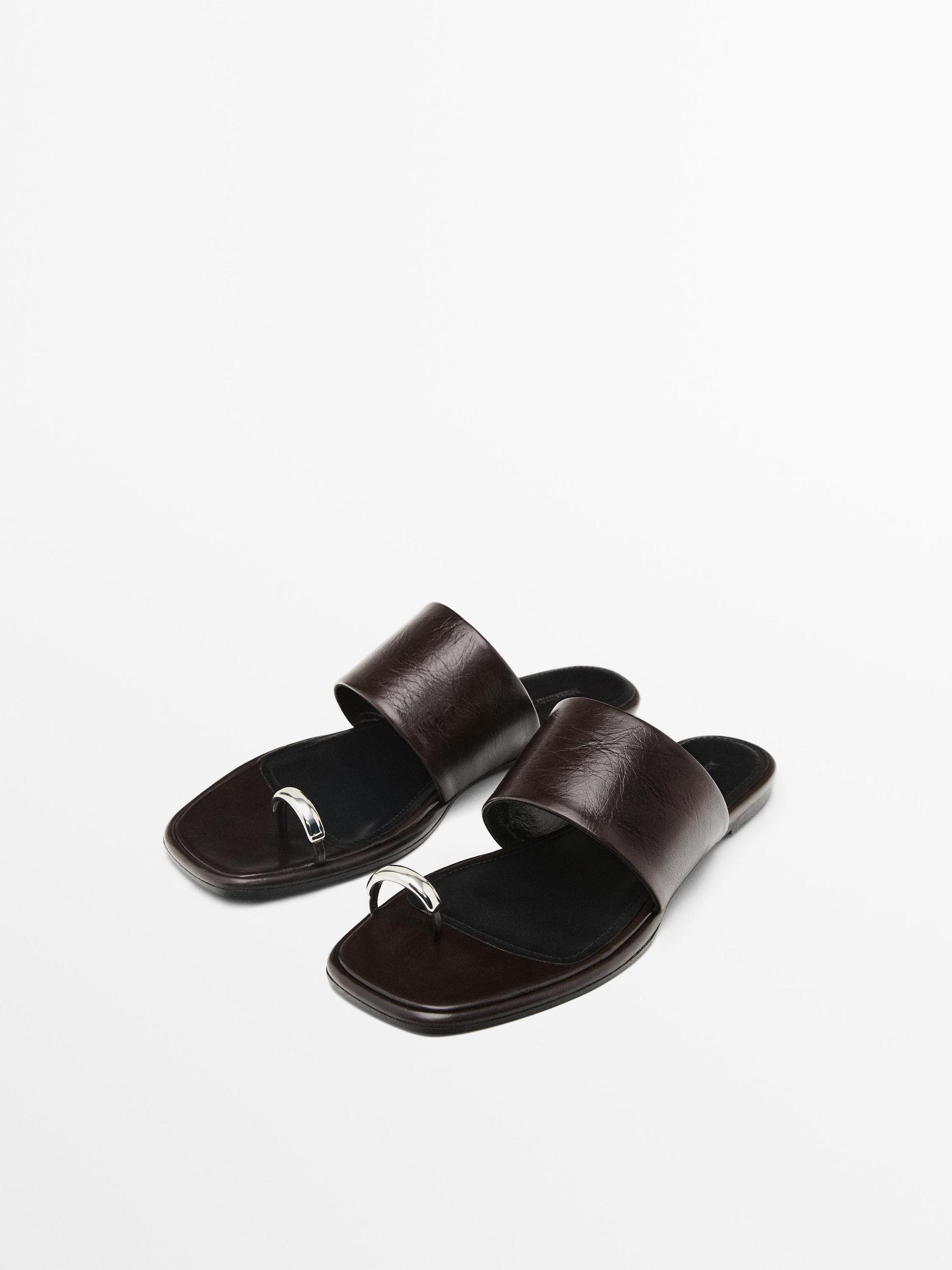Leather flat slider sandals with ring detail Product Image