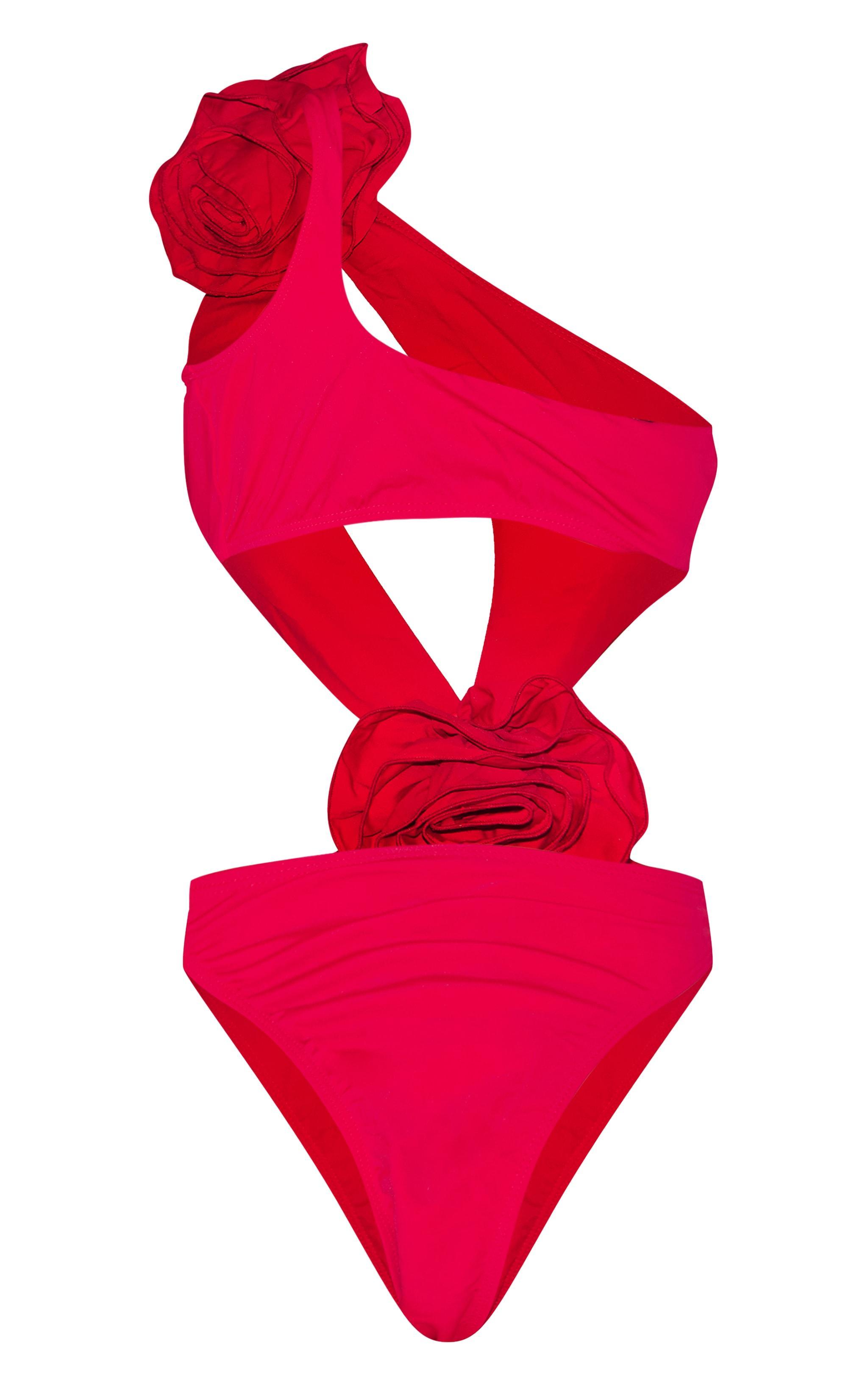 Red Flower Detail Cut Out Asymmetric Swimsuit Product Image