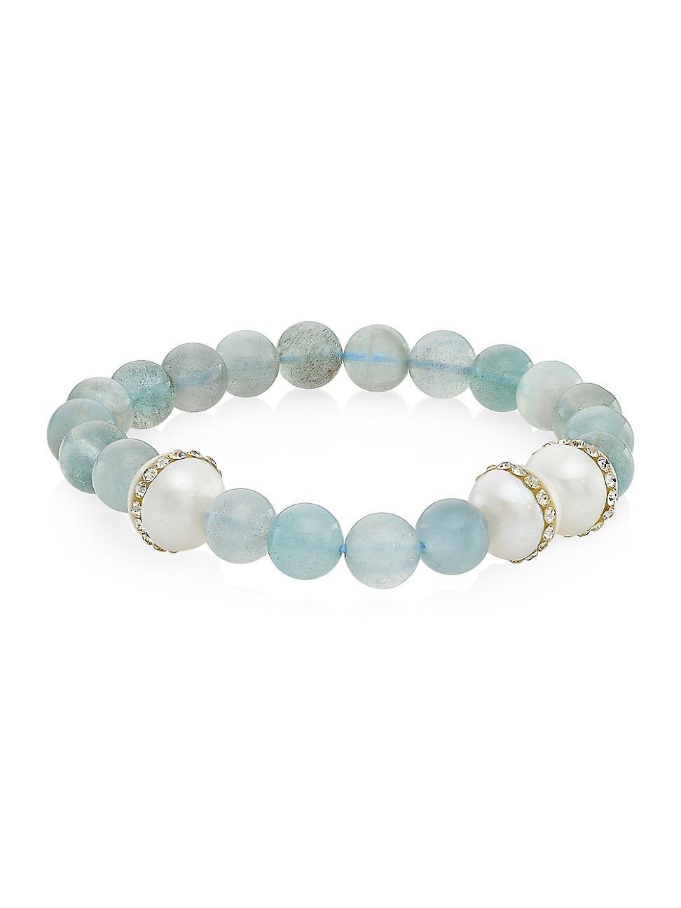 Womens Organic Gems Crystal, Freshwater Pearl & Aquamarine Beaded Stretch Bracelet Product Image