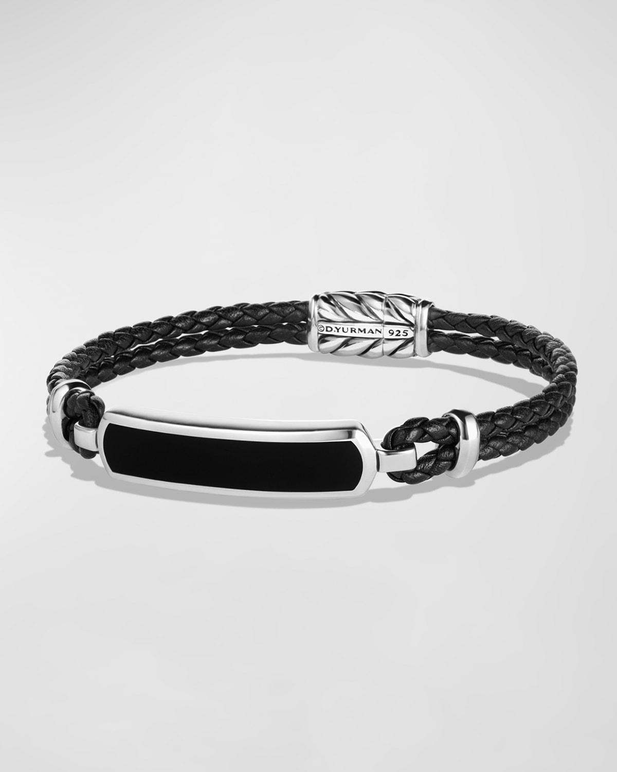 Mens Exotic Stone Bar Station Leather Bracelet with Silver, 3mm Product Image