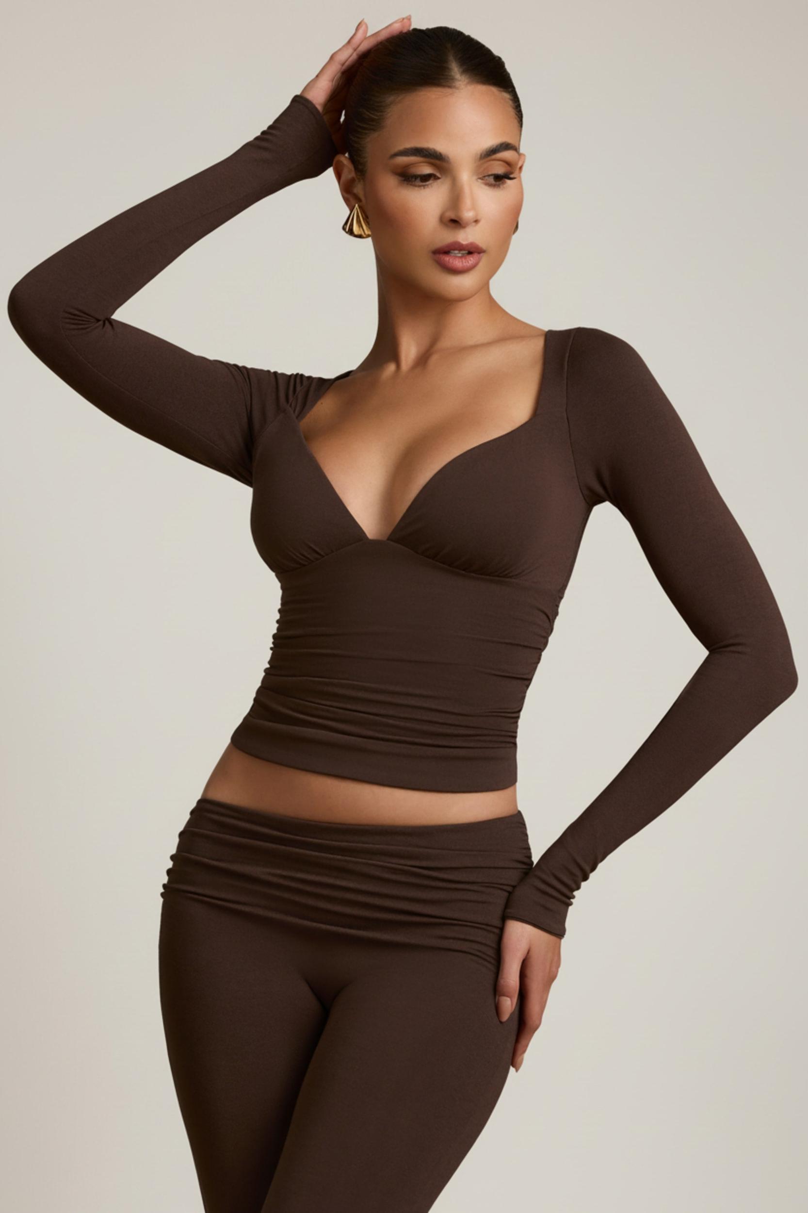 Modal Ruched Long-Sleeve Top in Chocolate Brown Product Image