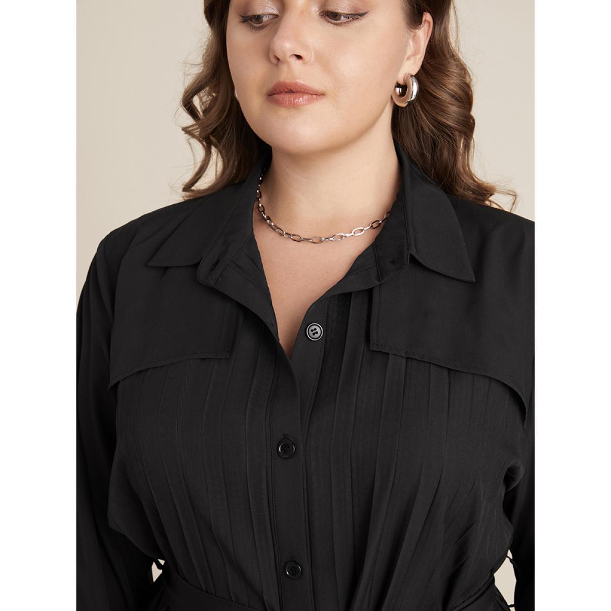 Plus Size Solid Belted Pleated Shirt Collar Dress Black Women Office Belted Shirt collar Long Sleeve Curvy Midi Dress BloomChic 18-20/2X Product Image