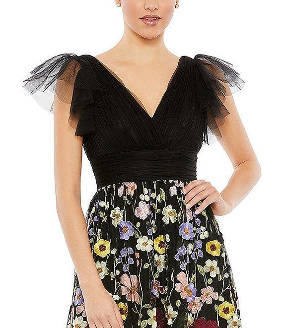 Mac Duggal Floral Embroidered V-Neck Cap Flutter Sleeve Dress Product Image
