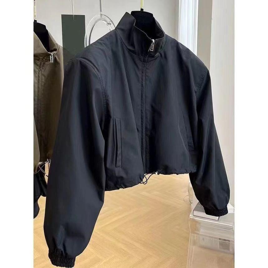 Stand Collar Plain Drawstring Hem Zip-Up Crop Jacket Product Image