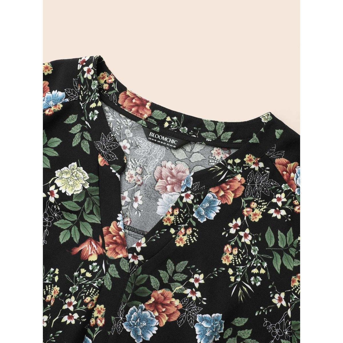Plus Size Black Floral Notched Pleated Lantern Sleeve Blouse Women Elegant Extra Long Sleeve Notched collar Everyday Blouses BloomChic 12/L Product Image