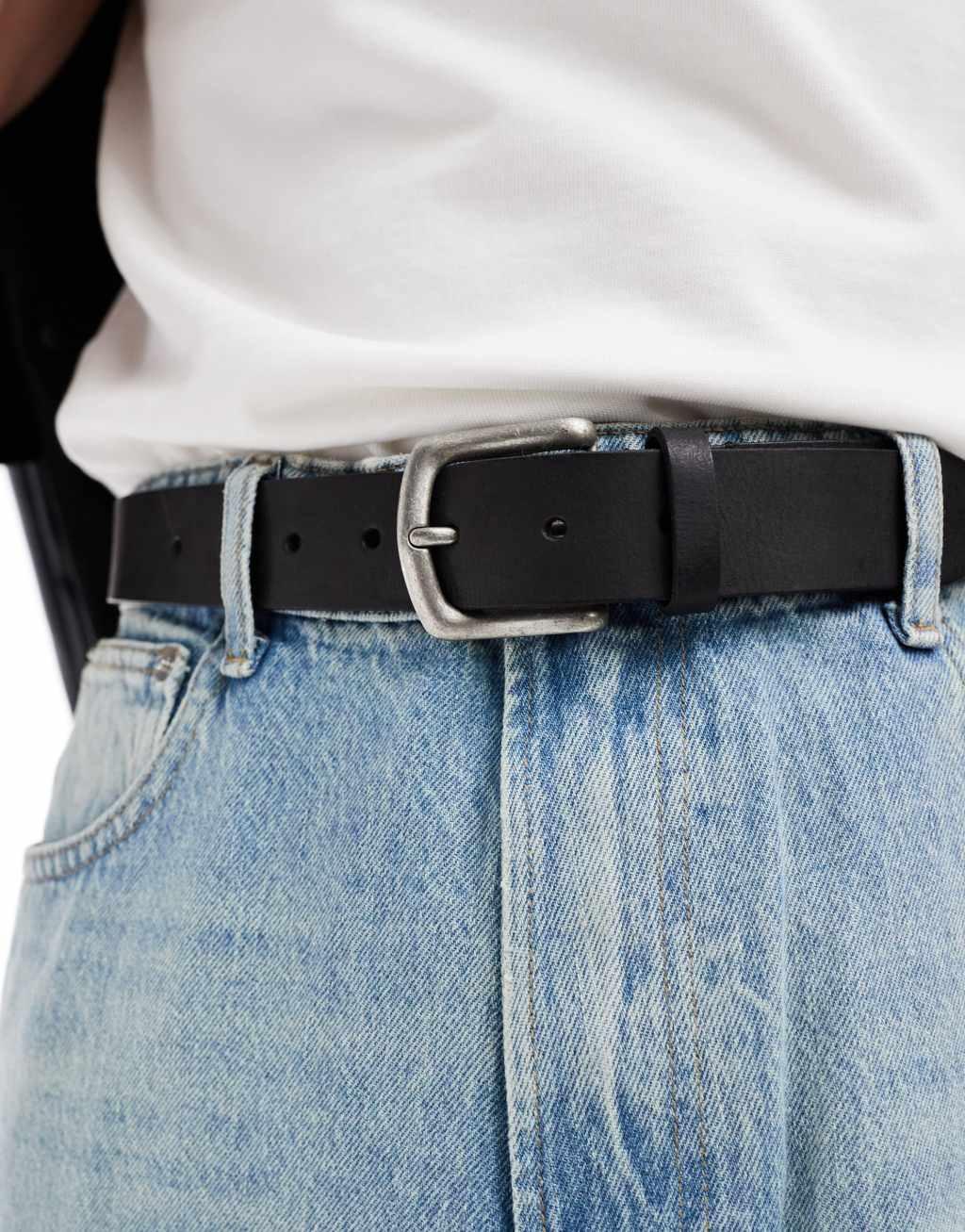 ASOS DESIGN leather belt with burnished silver buckle in vintage black Product Image