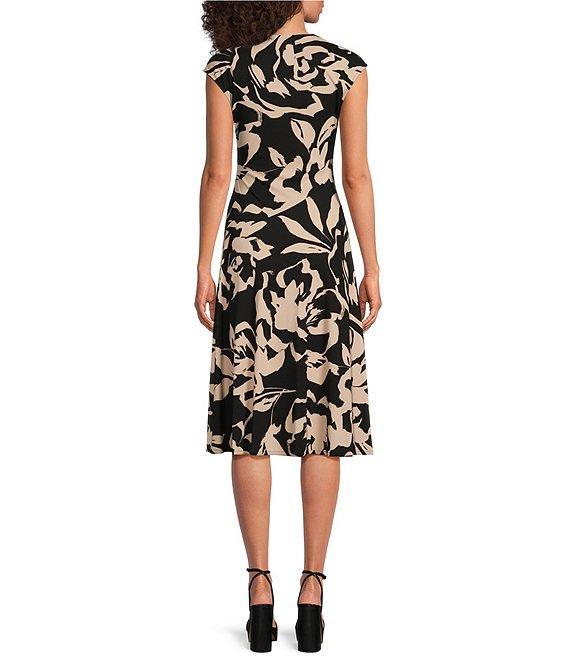 Donna Karan Jersey V-Neck Sleeveless Ruched Gold Broach Midi Sheath Dress Product Image