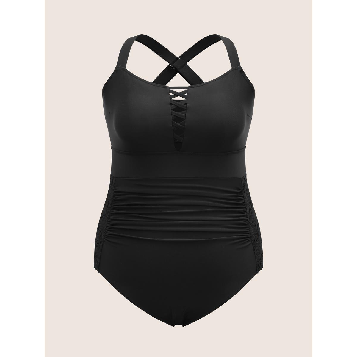 Plus Size Solid Gathered Crisscross One Piece Swimsuit Women's Swimwear Black Beach Non Curve Bathing Suits High stretch One Pieces BloomChic 22-24/3X Product Image