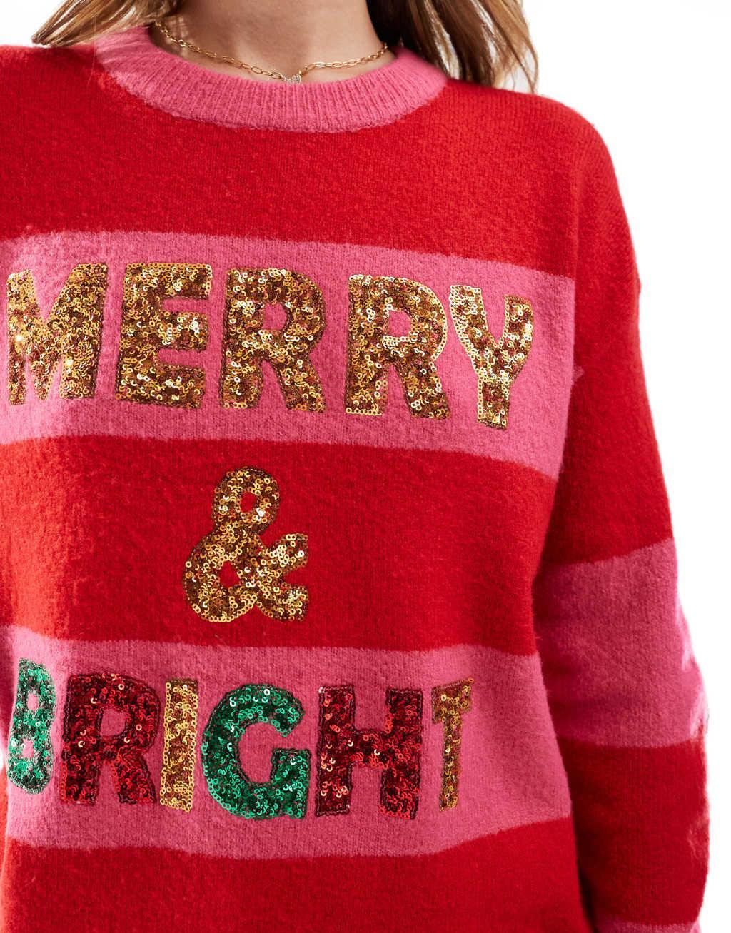 Brave Soul oversized Christmas sweater with sequins in pink and red stripe Product Image