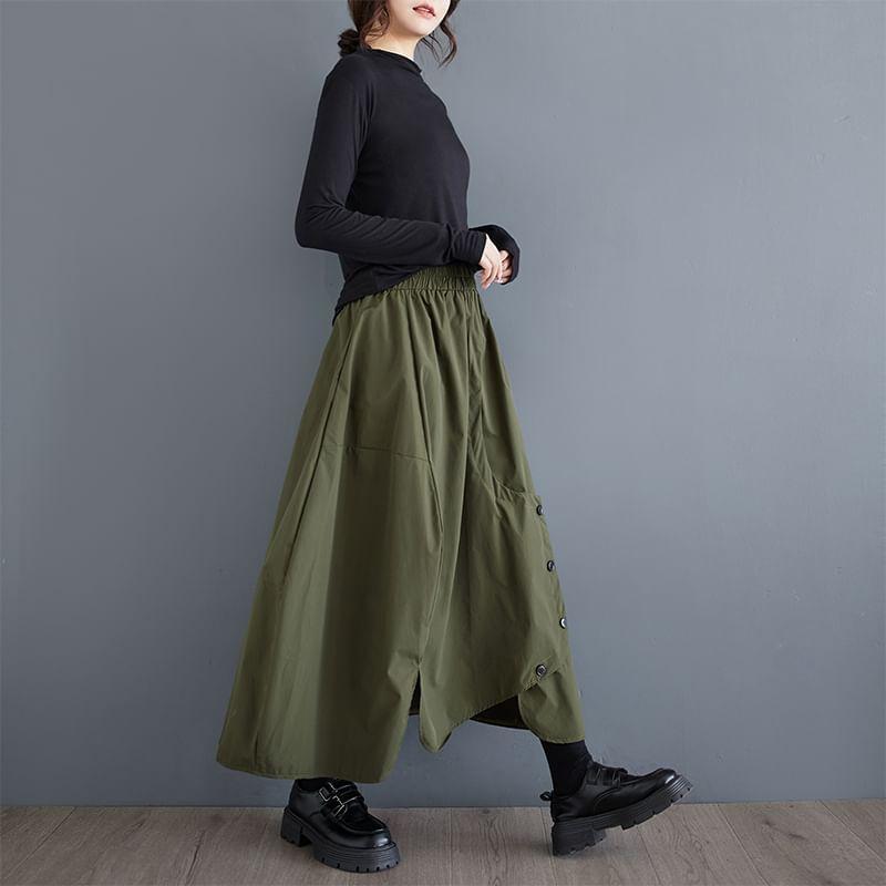 High Waist Asymmetrical Plain Midi A-Line Skirt Product Image