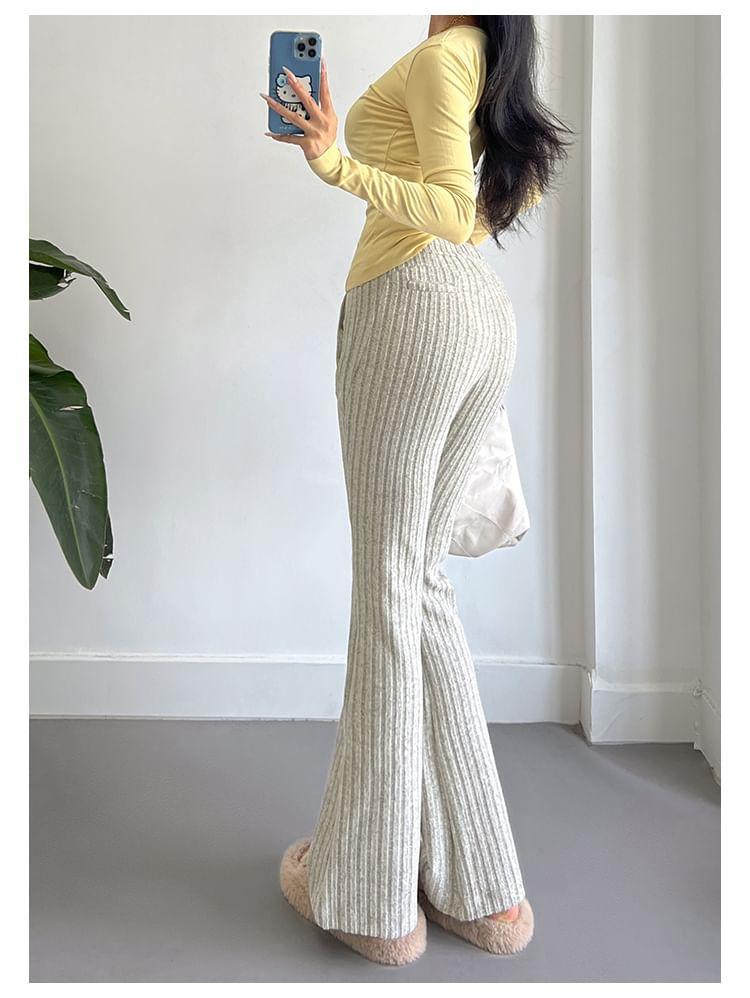 Drawstring Waist Plain Ribbed Flared Pants Product Image