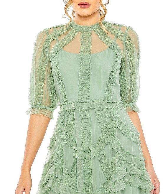 Mac Duggal Mock Neck Short Sleeve Tiered Ruffled Pleated Embellished A-Line Midi Dress Product Image