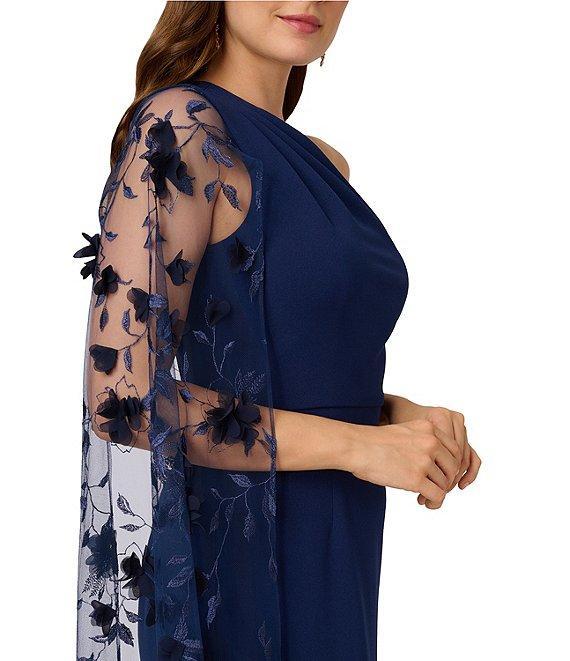 Adrianna Papell Crepe One Shoulder Embroidered Cape Gown Product Image