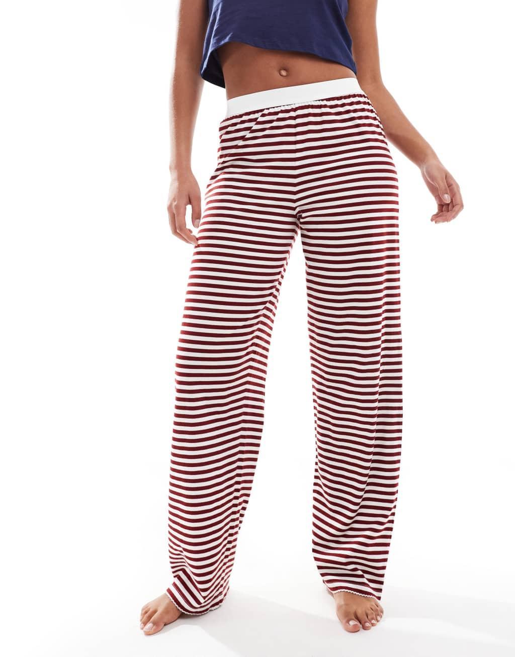 ASOS DESIGN Tall mix & match pajama pants with exposed waistband and picot trim in burgundy stripe Product Image