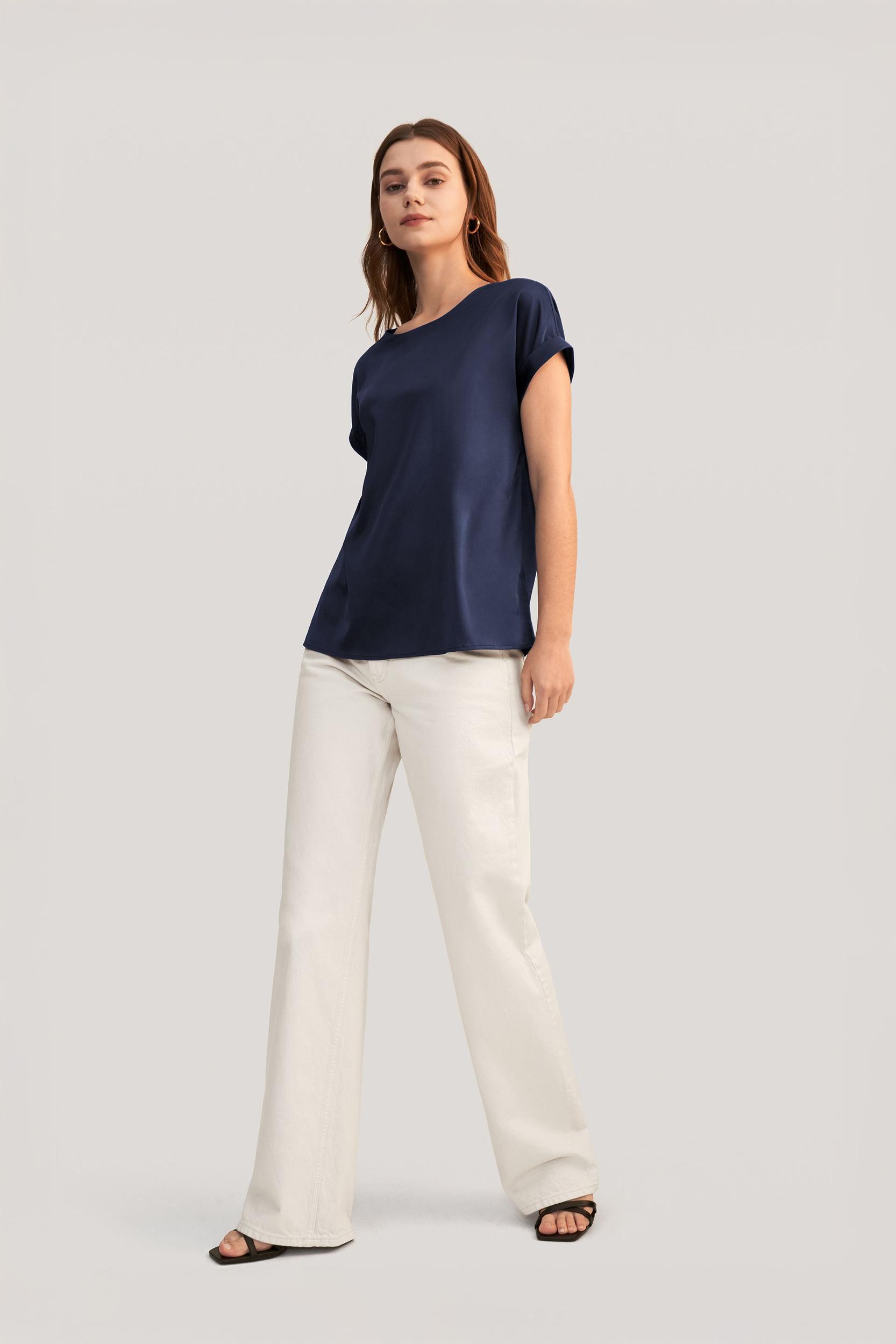 LILYSILK Women Silk Tee Shirts Black Quality Stretchy Silk Soft Classic Round Neck Rolled Cuffs Silk Top XS Product Image