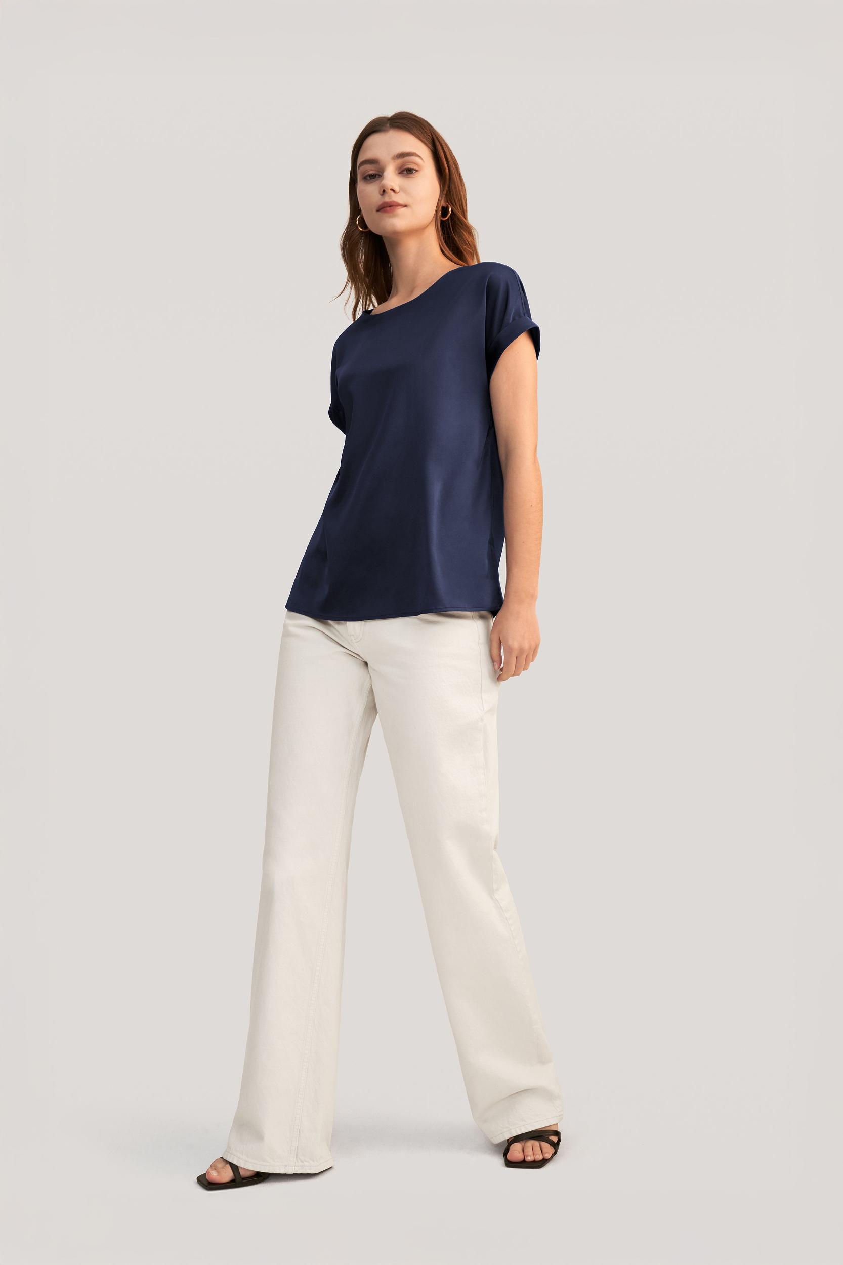 LILYSILK Women Silk Tee Shirts Black Quality Stretchy Silk Soft Classic Round Neck Rolled Cuffs Silk Top XS Product Image